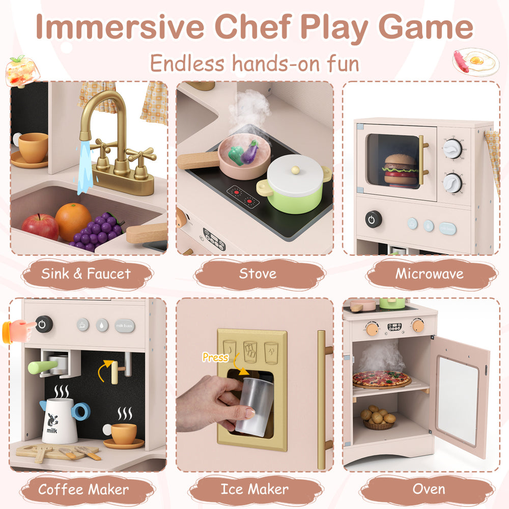 Wooden kids pretend play kitchen in pink features a microwave, coffee maker, and stove for imaginative cooking fun.