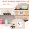 Wooden kids pretend play kitchen in pink features a microwave, coffee maker, and interactive knobs for imaginative play.