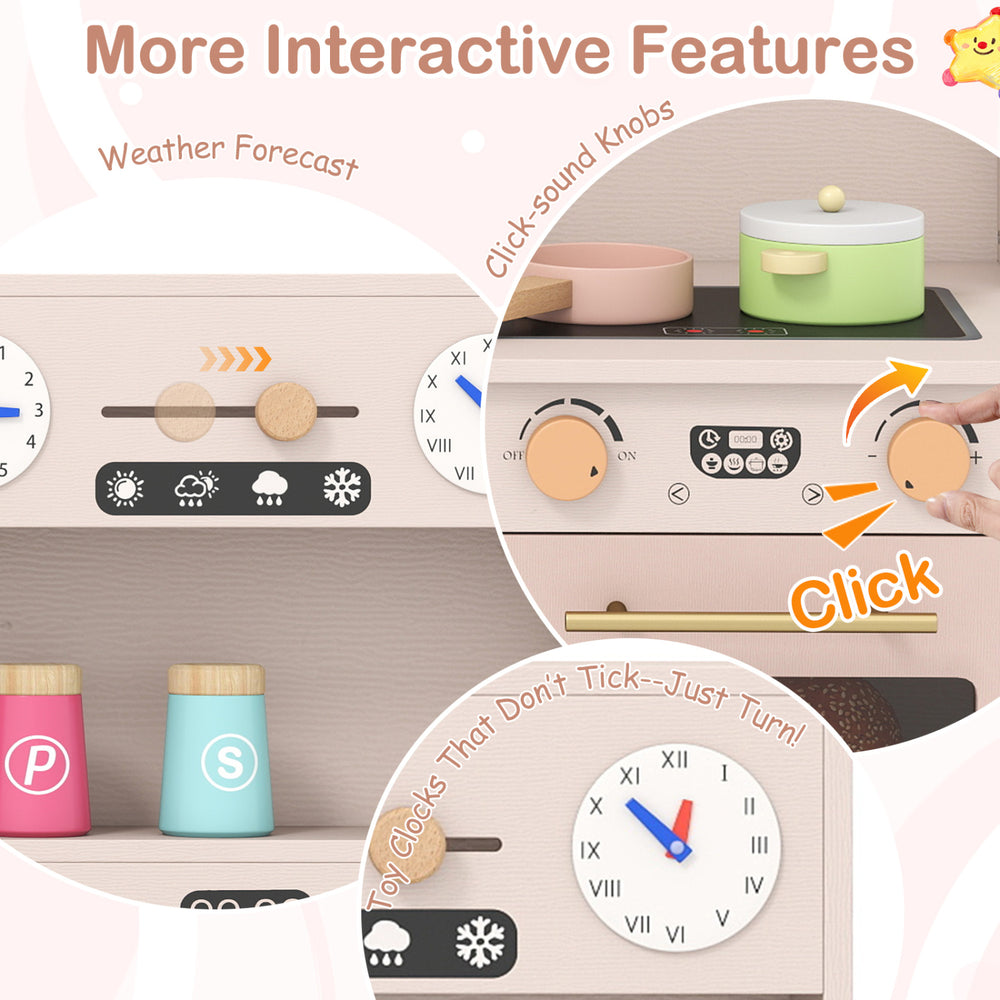Wooden kids pretend play kitchen in pink features a microwave, coffee maker, and interactive knobs for imaginative play.