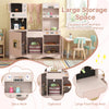 Wooden kids pretend play toy kitchen in pink features a microwave, coffee maker, and large storage space for imaginative play.