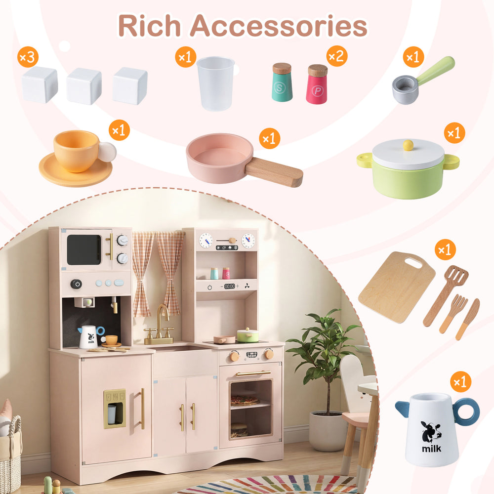 Wooden kids pretend play kitchen in pink features a microwave, coffee maker, and rich accessories for imaginative cooking fun.