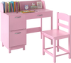 Pink wooden kids study desk and chair set with storage drawers and book sorters for organized learning spaces.