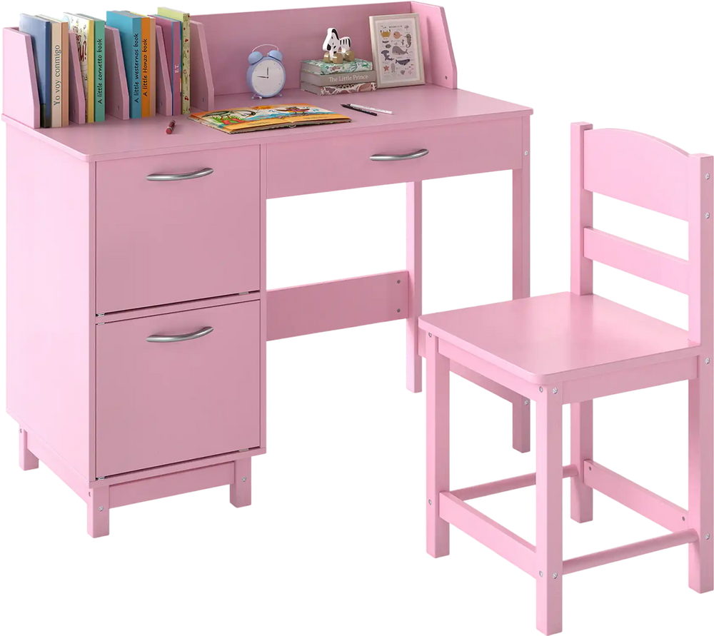 Pink wooden kids study desk and chair set with storage drawers and book sorters for organized learning spaces.