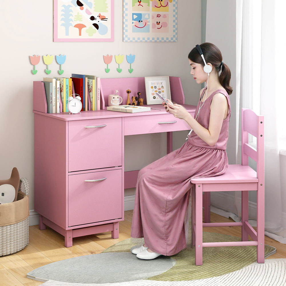 Pink wooden kids study desk and chair set with spacious drawer and book sorters, perfect for a child's study area.