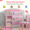 Wooden kids study desk and chair set in pink with spacious tabletop, deep drawer, and two enclosed cabinets for.