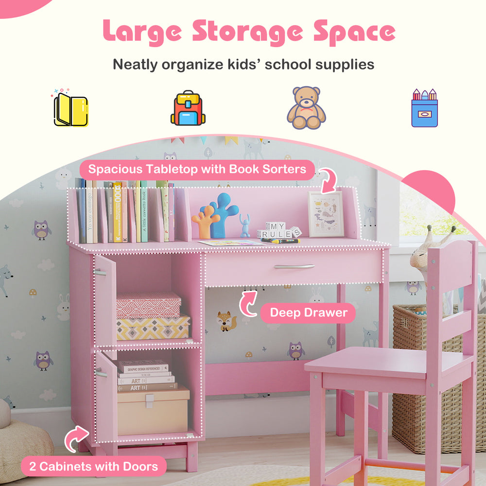Wooden kids study desk and chair set in pink with spacious tabletop, deep drawer, and two enclosed cabinets for.