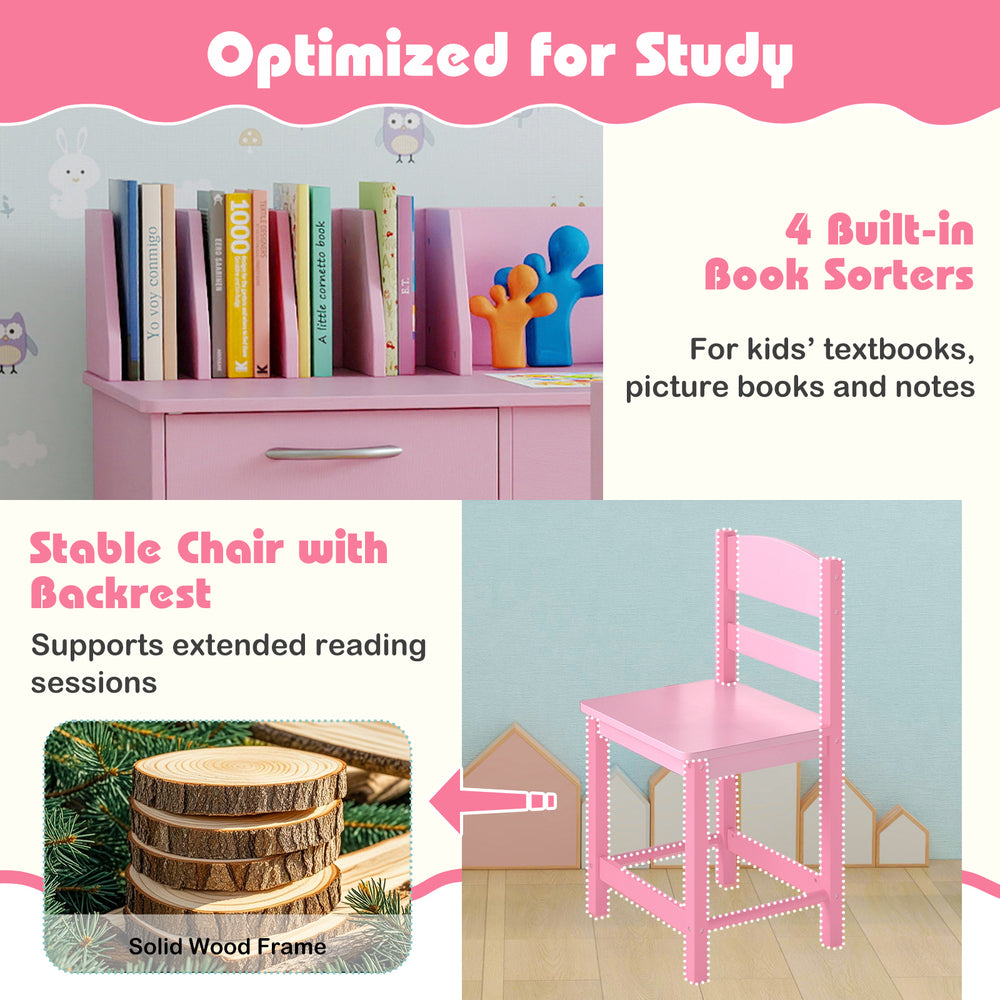 Wooden kids study desk and chair set in pink with 4 book sorters, solid pine frame, and ergonomic chair for proper.