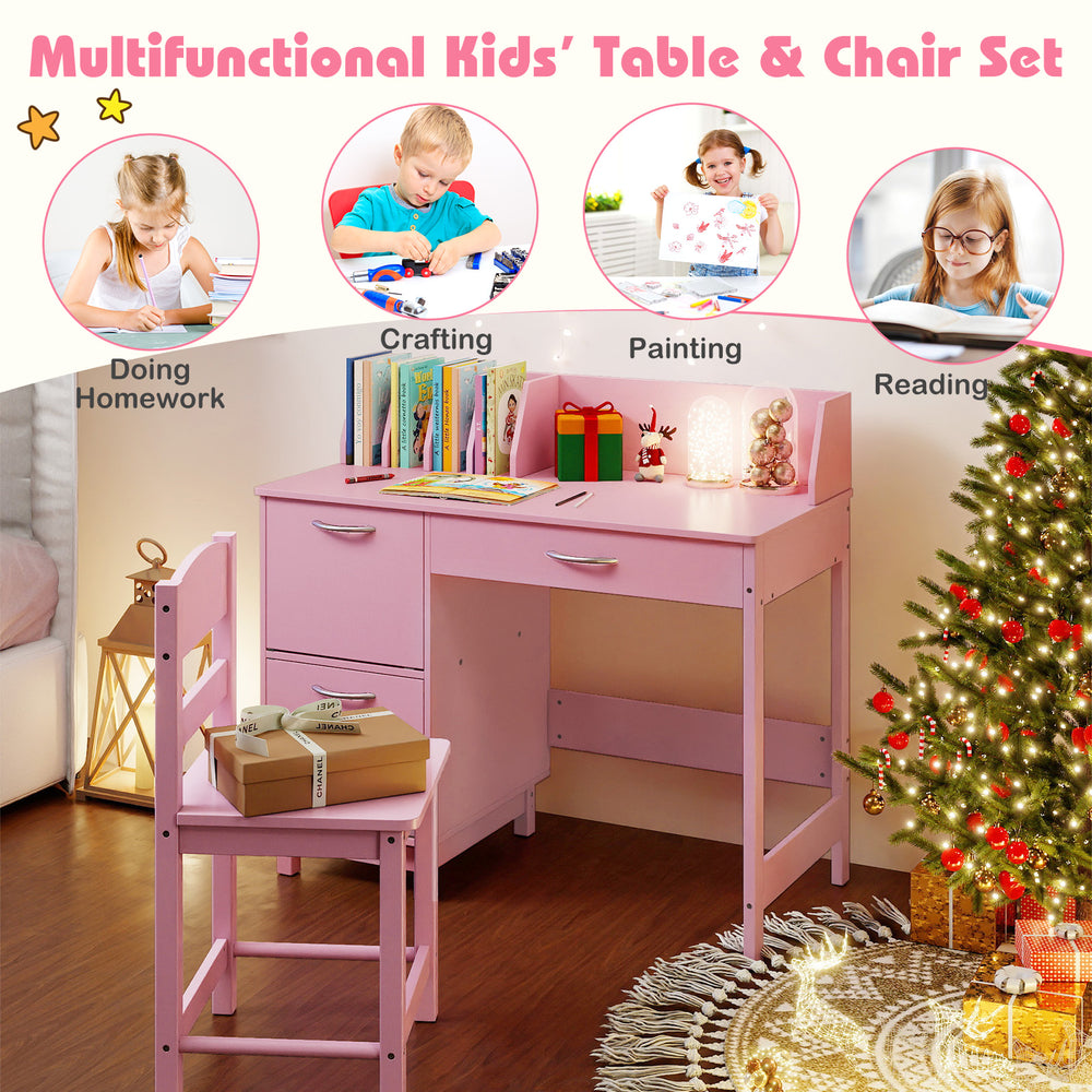 Pink wooden kids' study desk and chair set with storage, ergonomic design, perfect for homework and crafting.