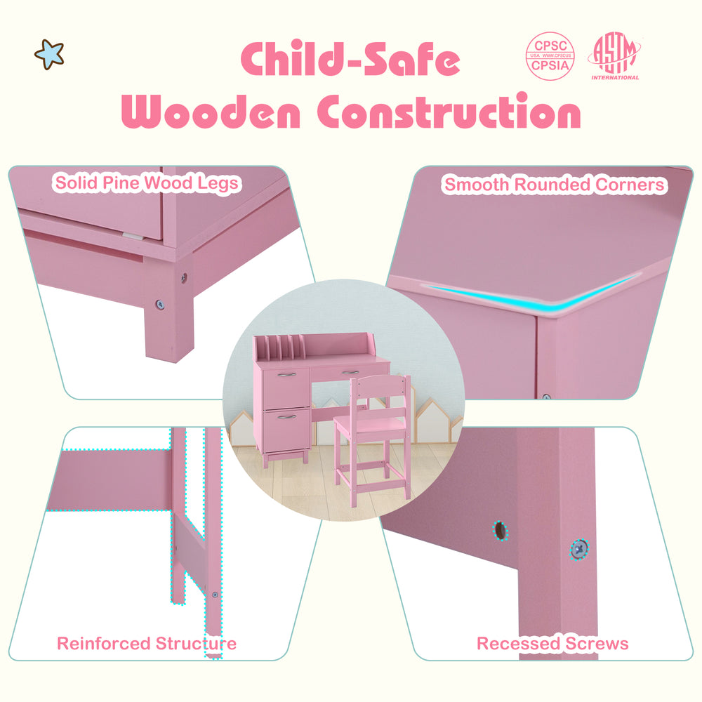 Child-safe pink wooden kids study desk with rounded corners, solid pine legs, and spacious storage for school supplies.