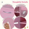 Close-up of the pink wooden kids study desk showing easy-to-grab handles and silent metal hinges for smooth operation.