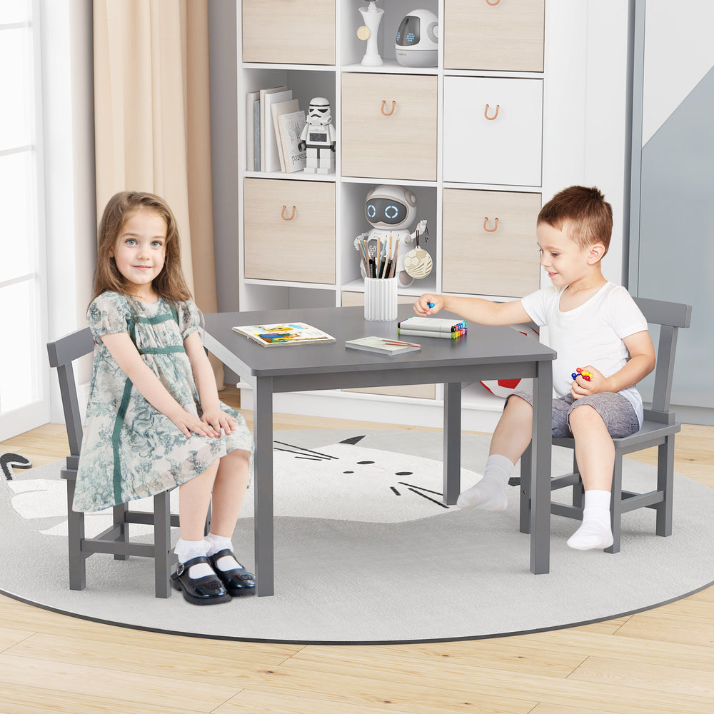 Gray wooden kids chairs with comfortable backrests and anti-slip foot pads, perfect for reading and creative activities.