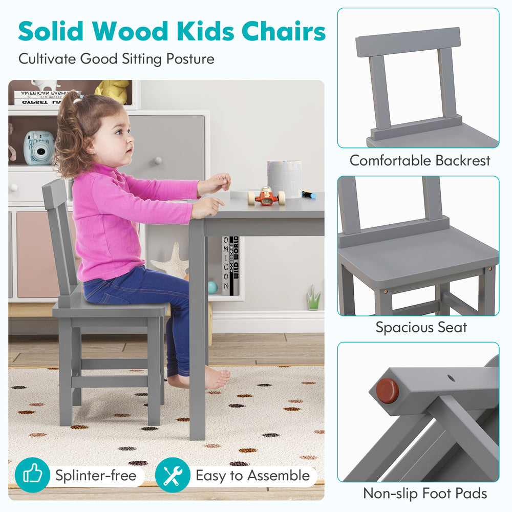 Gray wooden kids chair with comfortable backrest and non-slip foot pads, perfect for reading and playing.