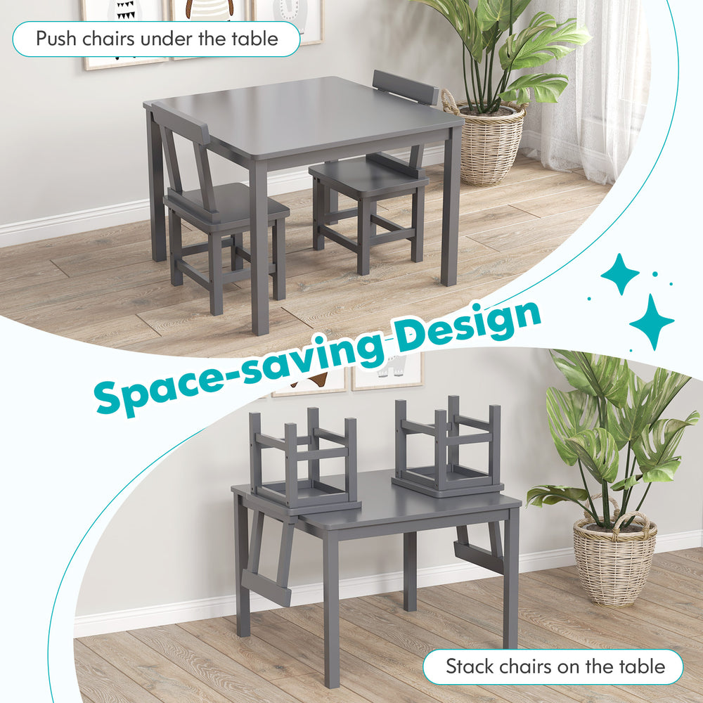 Gray wooden kids table with two chairs stacked on top, showcasing space-saving design and sturdy construction.