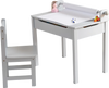 Gray wooden kids table and chair set with paper roll holder, storage, and high backrest for creative playtime.