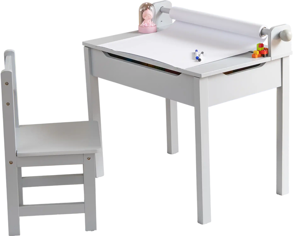 Gray wooden kids table and chair set with paper roll holder, storage, and high backrest for creative playtime.