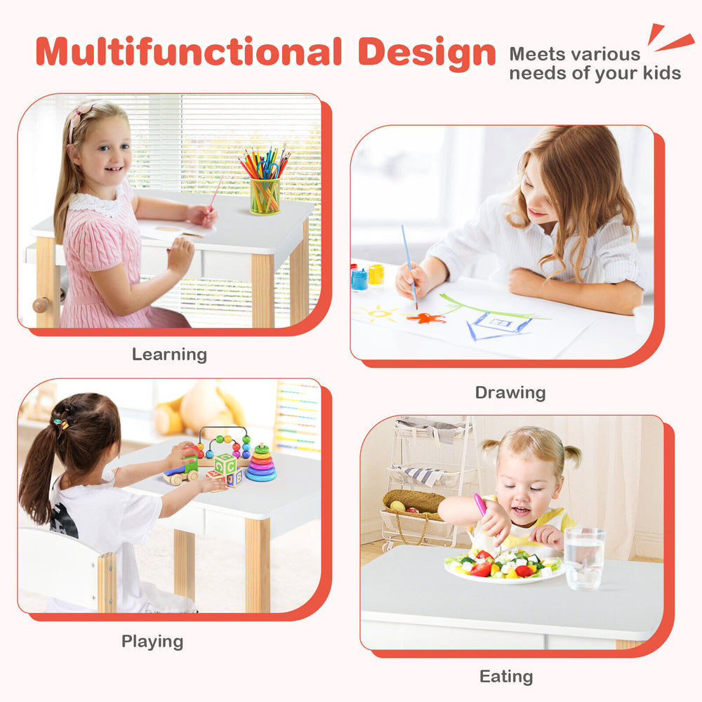 Kids art table and chair set with ergonomic design, natural wood legs, and replaceable paper roll for creative play.