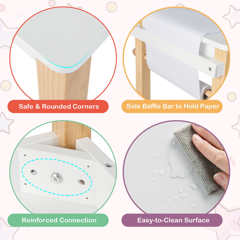 Kids art table features rounded corners, natural wood legs, and a smooth, easy-to-clean surface for safe creative play.