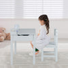 Gray wooden kids table and chair set with paper roll holder, featuring a flip-top design for storage and high backrest.