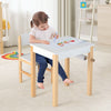 Kids art table and chair set in white with natural wood legs, featuring a paper roll and markers for creative.