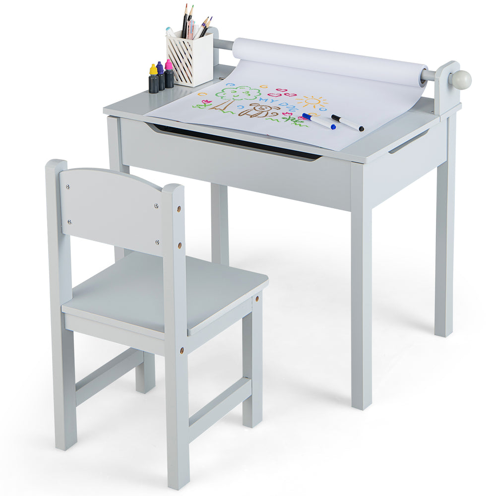 Gray wooden kids table and chair set with paper roll holder, storage, and high backrest for creative play.