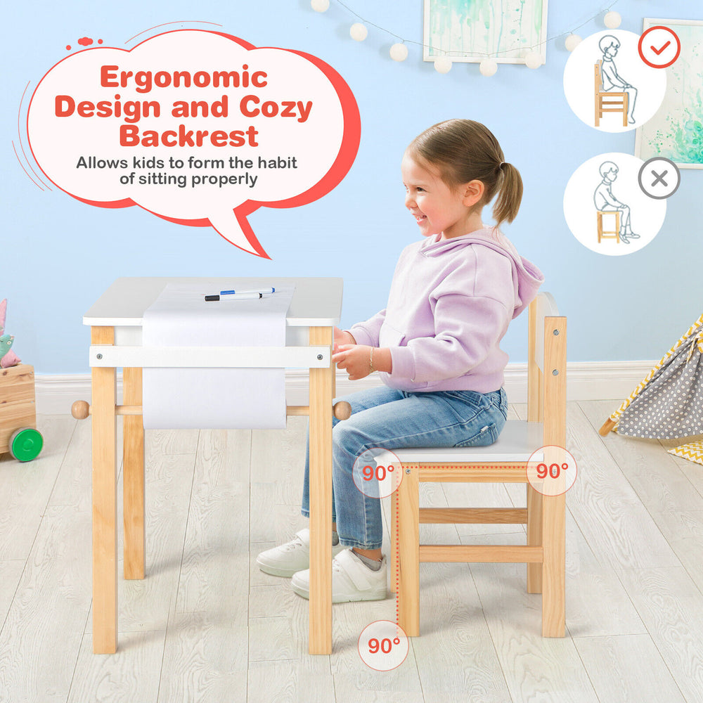 Kids art table and chair set featuring ergonomic design, natural wood legs, and replaceable paper roll for creative.