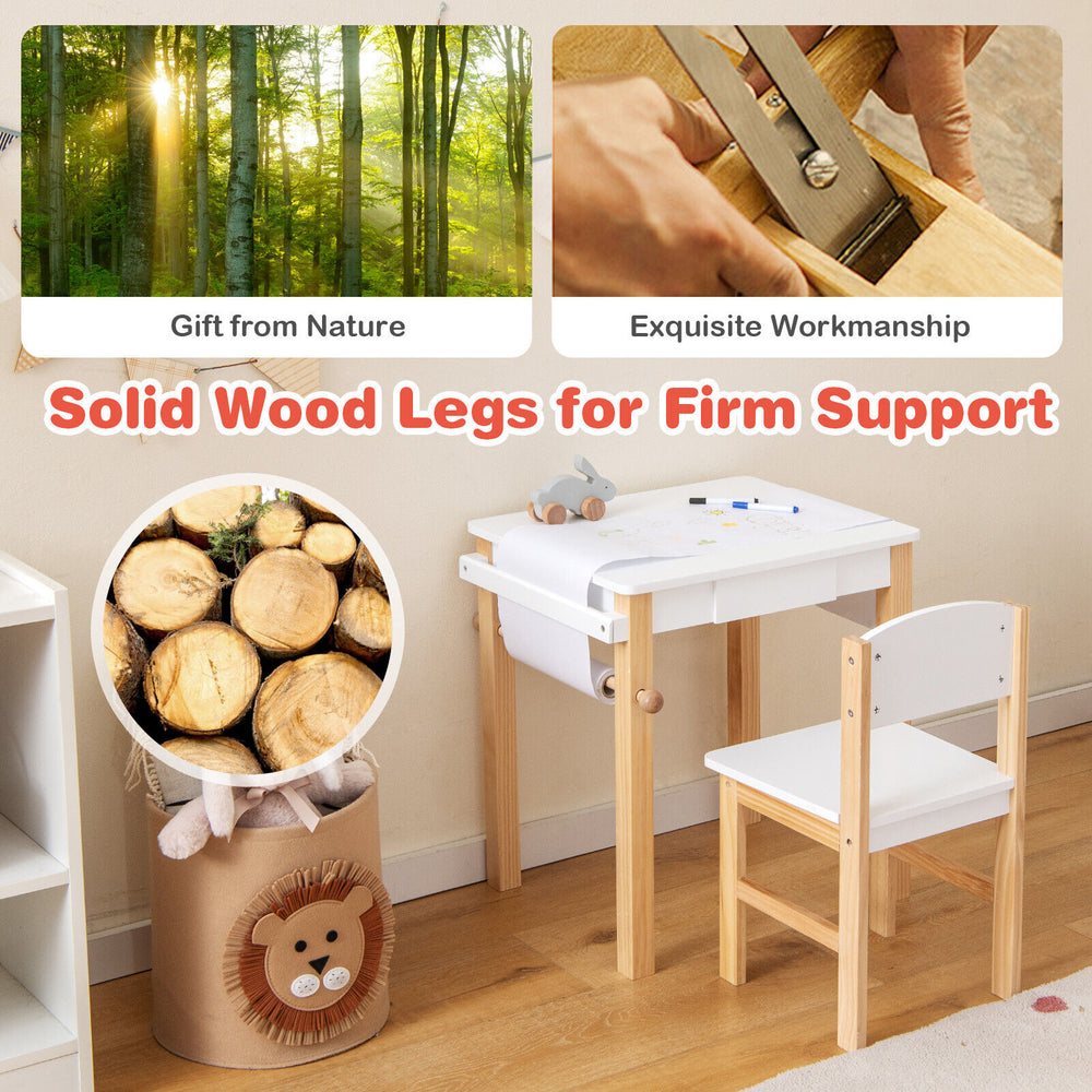 Kids art table and chair set with solid wood legs, drawer, and replaceable paper roll for creative activities.