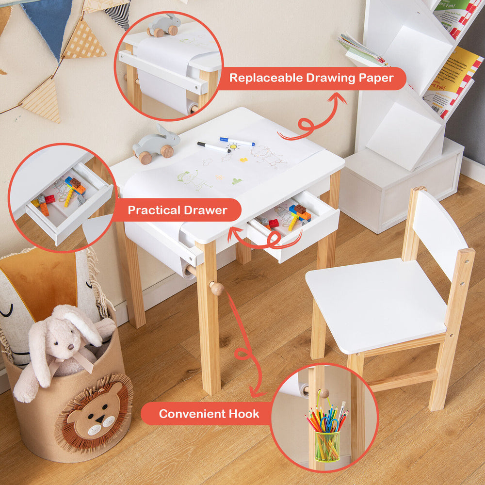 Kids art table and chair set featuring a practical drawer, replaceable drawing paper, and convenient hook for storage.