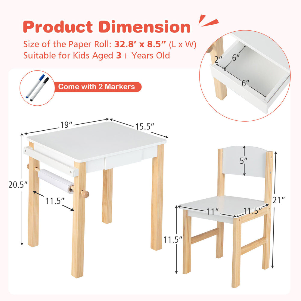 Kids art table and chair set with natural wood legs, drawer, paper roll, and two markers for creative activities.