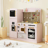 Wooden kids kitchen playset in pink featuring a lighted microwave, sink, ice maker, and engaging accessories for.