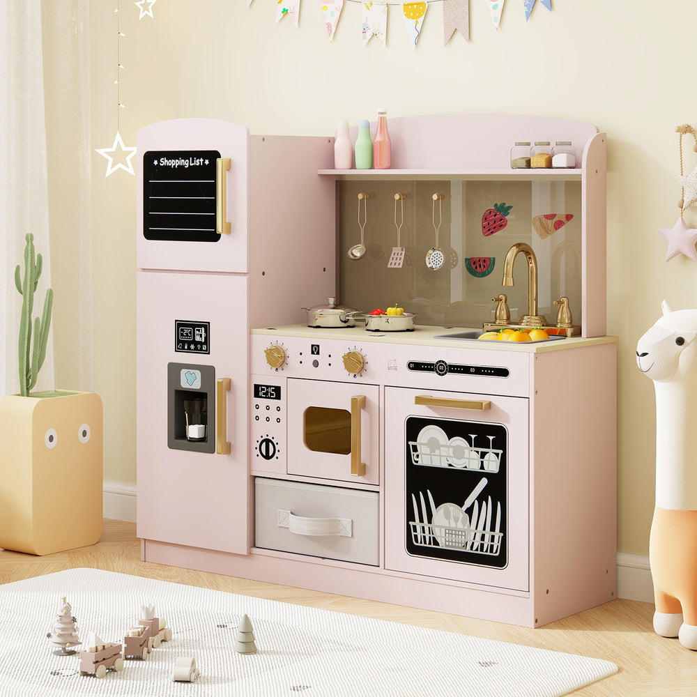 Wooden Kids Kitchen Playset with Chalkboard Ice Maker Sink Lighted Microwave-Pink - Gallery View 1 of 9