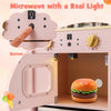 Lighted microwave feature of the pink wooden kids kitchen playset, showcasing a hamburger inside for imaginative play.
