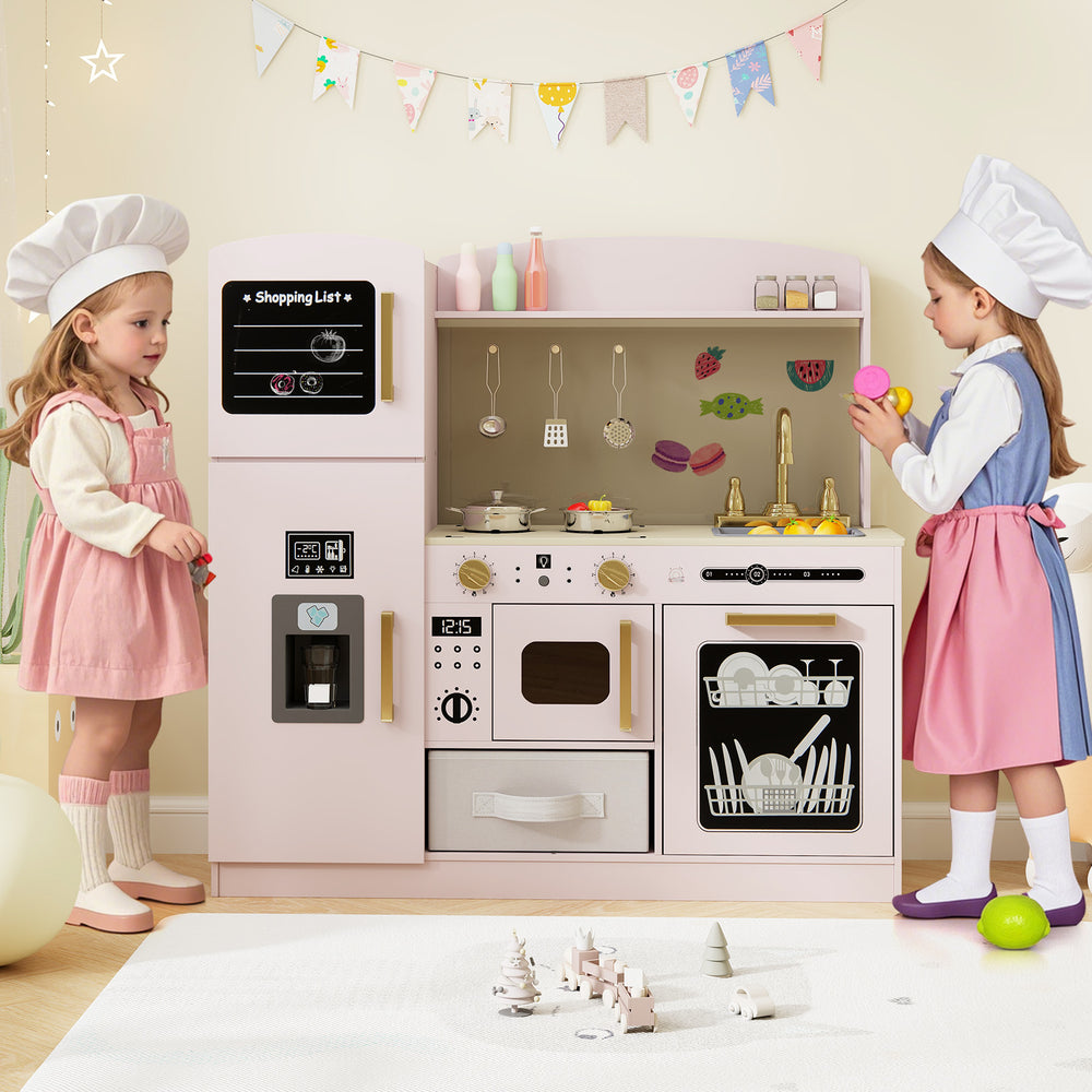 Wooden kids kitchen playset in pink with lighted microwave, sink, and accessories for imaginative play and skill.