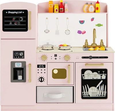 Costway Wooden Kids Play Kitchen Set Chalkboard Ice Maker Sink Lighted Microwave 125497638 New