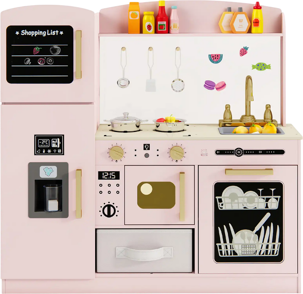 Wooden kids kitchen playset in pink with microwave, sink, ice maker, and accessories for imaginative play.