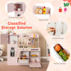 Wooden kids kitchen playset in pink featuring a lighted microwave, sink, and classified storage solution for.