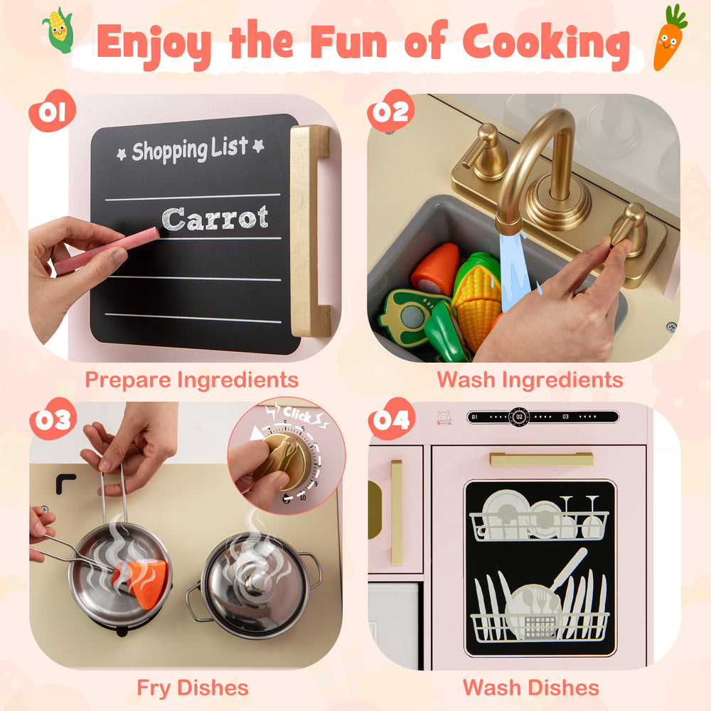 Wooden kids kitchen playset featuring a pink microwave, sink, and chalkboard for imaginative cooking fun.