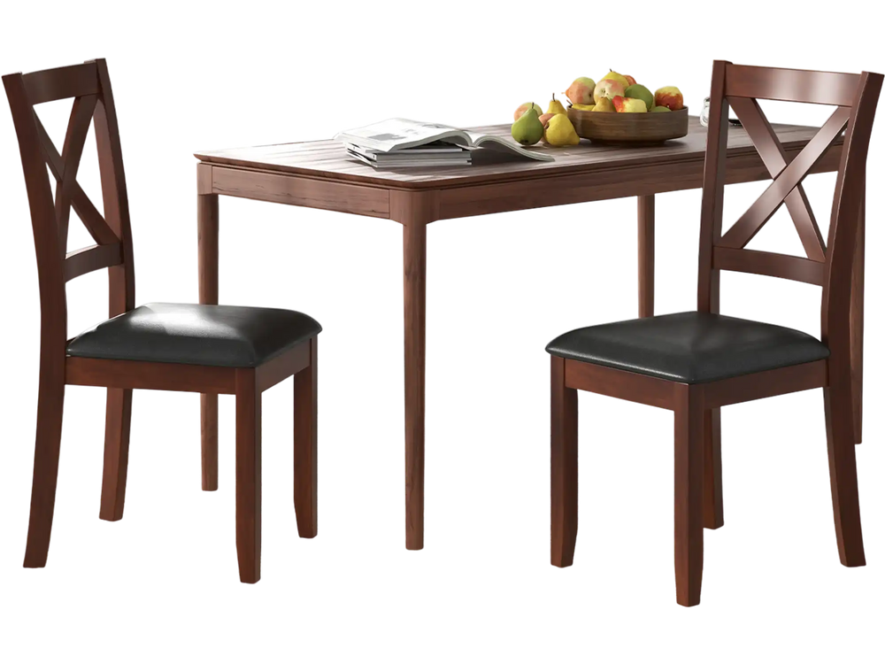 Set of 2 black wooden dining chairs with padded seats and rubber wood legs, perfect for kitchen or dining room use.