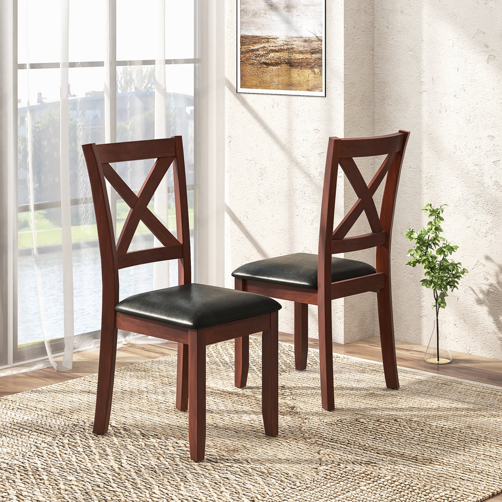 Set of 2 wooden dining chairs with padded black seats and rubber wood legs, featuring an ergonomic design for comfort.