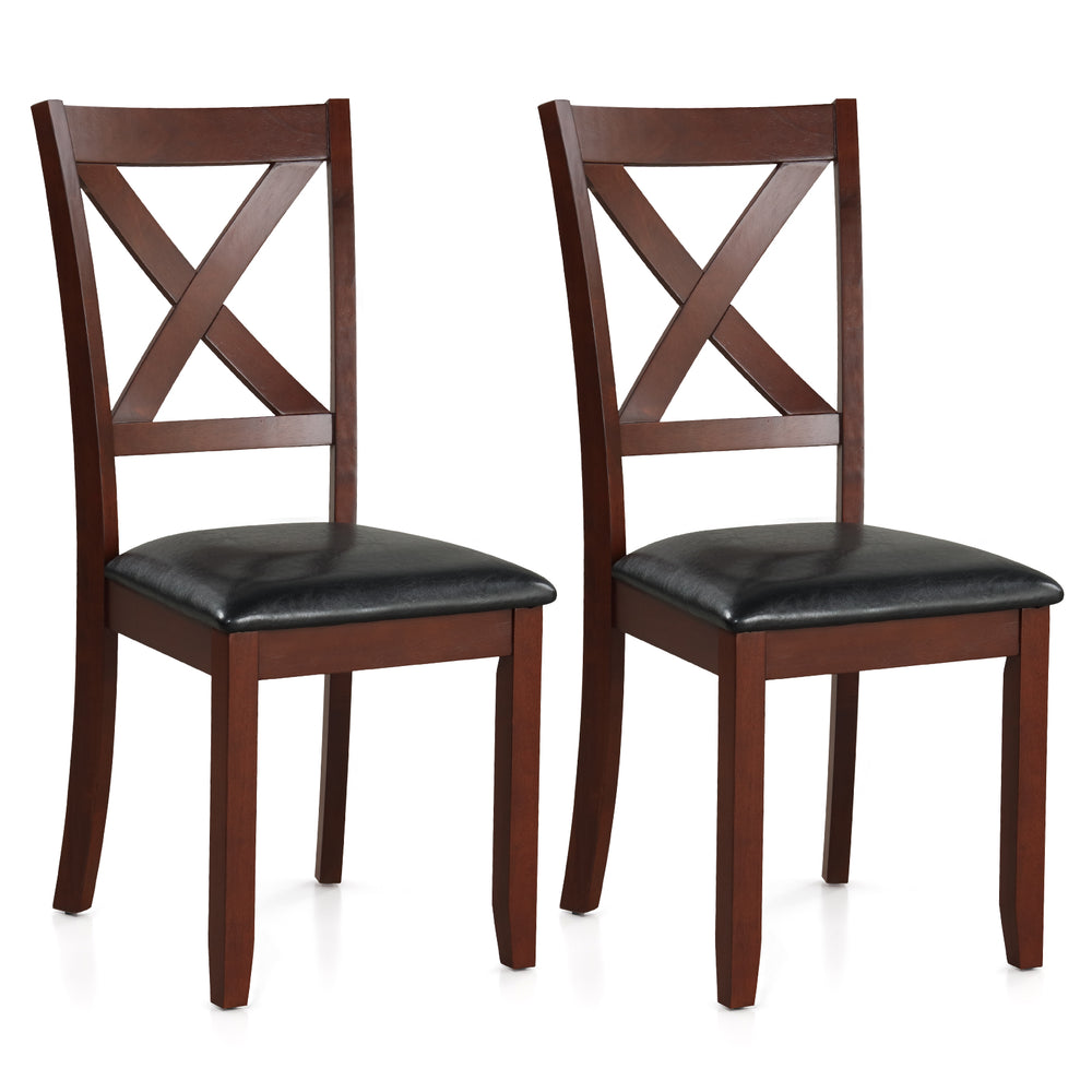 Set of 2 wooden dining chairs with padded seats, rubber wood legs, and ergonomic X-shaped backrest for kitchen use.