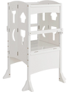 Folding wooden step stool with lockable safety rail for toddlers, featuring adjustable height and durable white finish.