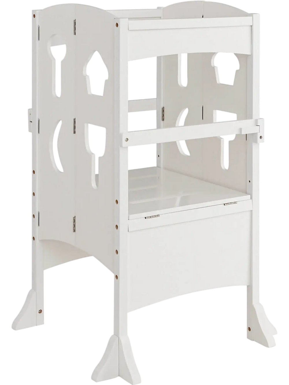 Folding wooden step stool with lockable safety rail for toddlers, featuring adjustable height and durable white finish.