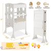 Folding wooden step stool for toddlers with lockable safety rail, height-adjustable platform, and durable natural wood.