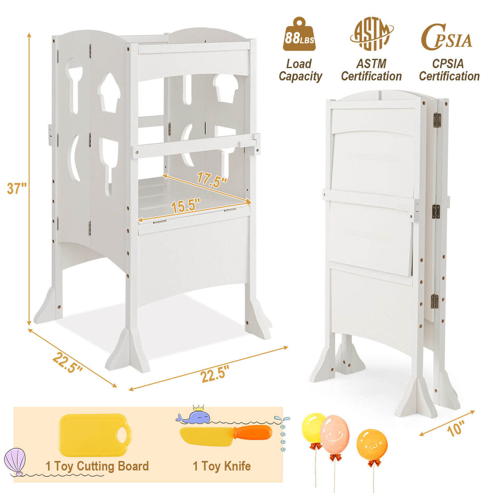 Folding wooden step stool for toddlers with lockable safety rail, height-adjustable platform, and durable natural wood.
