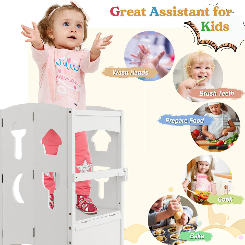 Folding wooden step stool for toddlers with lockable safety rail, ideal for cooking, baking, and reaching high items.