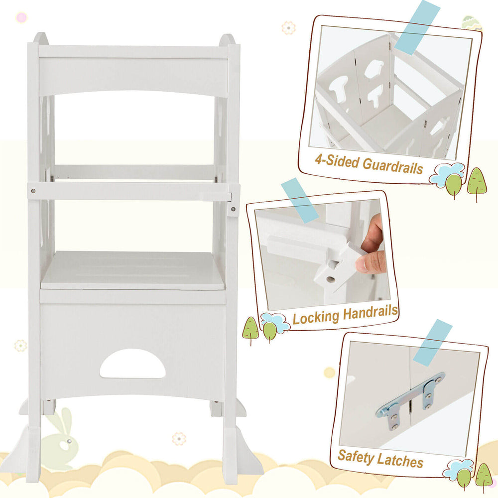 Folding wooden step stool with lockable safety rail, ideal for toddlers, featuring 4-sided guardrails and safety.