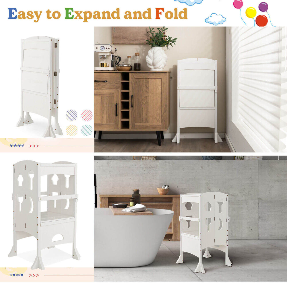 Folding wooden step stool in white with lockable safety rail, ideal for toddlers to reach counters and wash hands.