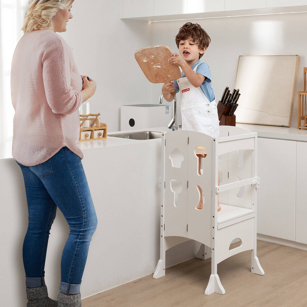 Folding wooden step stool with lockable safety rail for toddlers, ideal for kitchen activities and safe use.