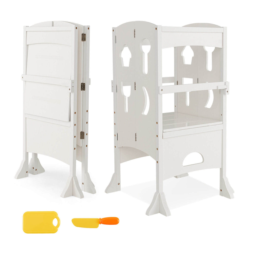 Folding wooden step stool with lockable safety rail, ideal for toddlers, featuring a height-adjustable platform and.
