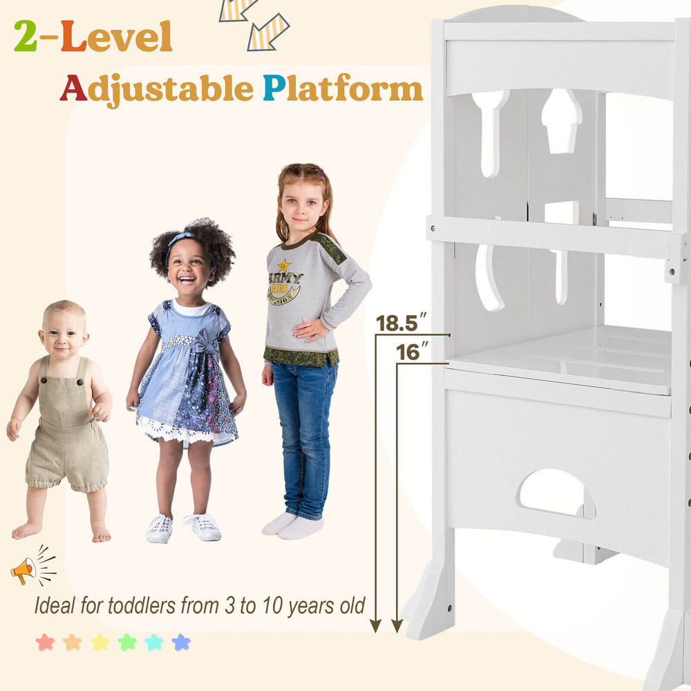 Folding wooden step stool with adjustable platform, safety rail, ideal for toddlers 3-10 years old, perfect for kitchen.