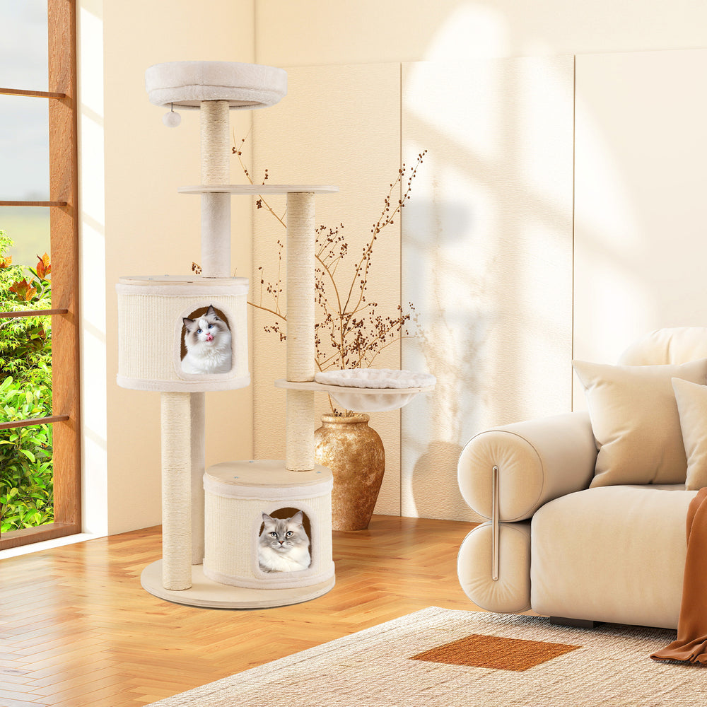 Wooden kitten tower with sisal scratching posts, two condos, and a padded top perch for playful and cozy cat lounging.